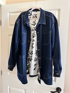 Men's Navy Lightweight Shirt Jacket with Contrast Stitching